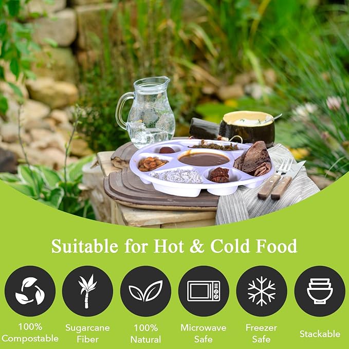 three leaf 7 COMPARTMENT BAGASSE ROUND PLATE, 200 Ct. Heavy-Duty- Super Strong- Natural- Eco-Friendly Disposable Bagasse Plates, 100% Biodegradable 7 compartment plates