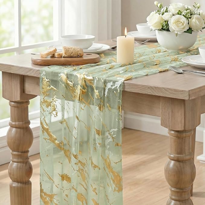 Artoid Mode Marble Pattern Sage Green Gauze Table Runner 10FT, Glitter Metallic - Image 5