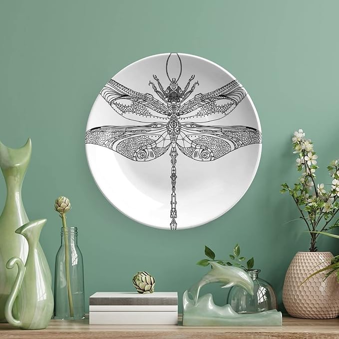 Decorative Plates, Abstract Print Ornament, Animal Steampunk Dragonfly Pattern, 7 Inch, 1 Plate with 1 Display Stand, Black White