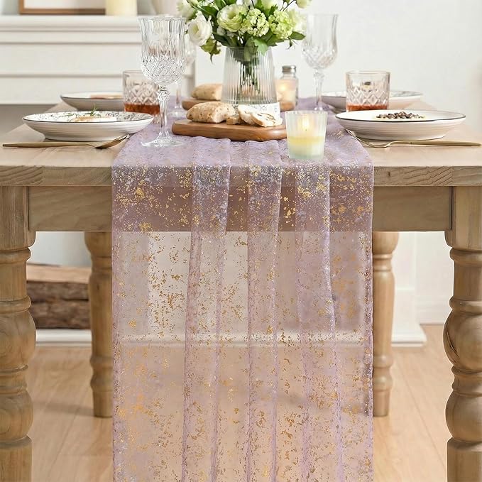 Artoid Mode Grayish Purple Gold Gauze Table Runner 120 Inch 10FT, Glitter Metallic Foil Sheer Dining Wedding Anniversary Holiday Birthday Table Decor for Home Party