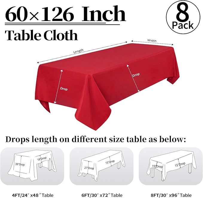 8 Pack Red Tablecloth 60 x 126 Inch Rectangular Valentine’s Day Table Cloth for 8 Foot Rectangle Tables, Wrinkle Resistant Washable Polyester Fabric Table Covers for Party Banquet Buffet and Camping