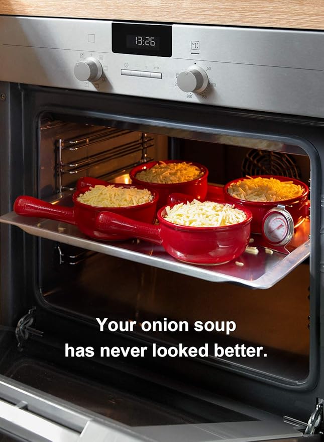 LE TAUCI French Onion Soup Bowls, 15 Ounce Ceramic Soup Bowls with Handles, for Chili, Beef Stew, Oven Microwave Dishwasher Safe, Set of 4, Red