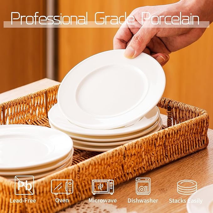 OMAYKEY 6 Inch Ceramic Dessert Plates Set of 18, Small Salad Plates, Porcelain Round Shaped Dinner Plates, Appetizer Plates for Cake Waffles Snacks Side Dish, Oven Microwave Dishwasher Safe, White