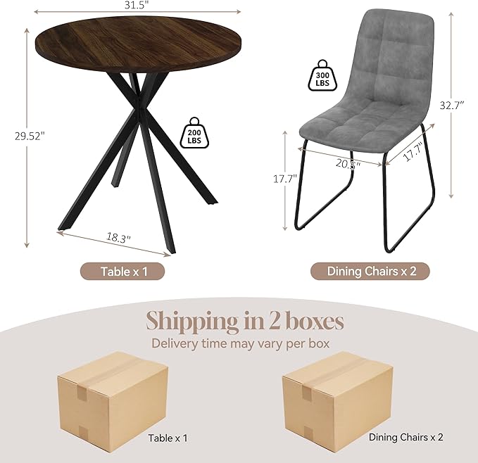 31.5" Round Dining Table Chairs Set for 2, Small Dining Table Chairs Set Space-Saving, Small Dinette Sets for 2 for Kitchen Dining Room Apartment(Walnut Table + Gray Chairs)