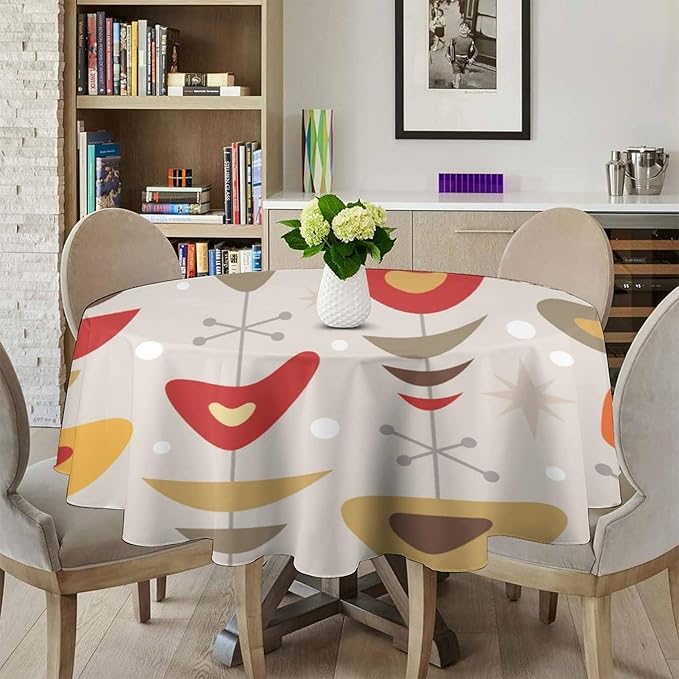 Retro Mid Century Round Tablecloth, Abstract Rustic Colorful Geometric Print Tablecloth for Home Party Dining Room Kitchen Decor 50Inch(127cm)