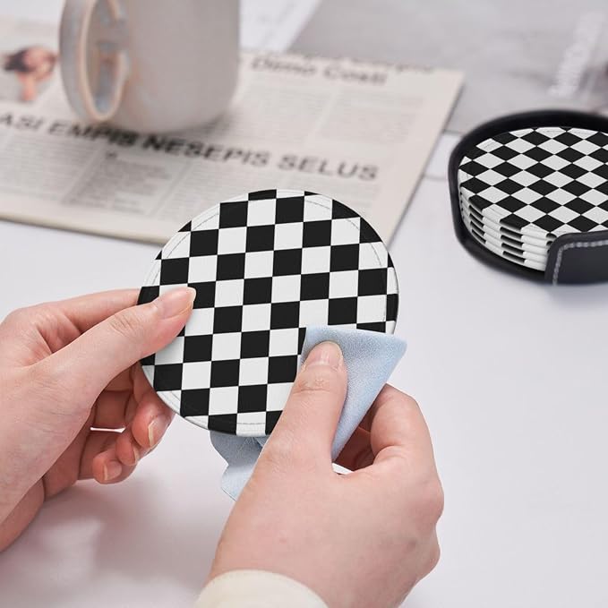 Black Checkered Leather Coasters Set of 6 - Image 5
