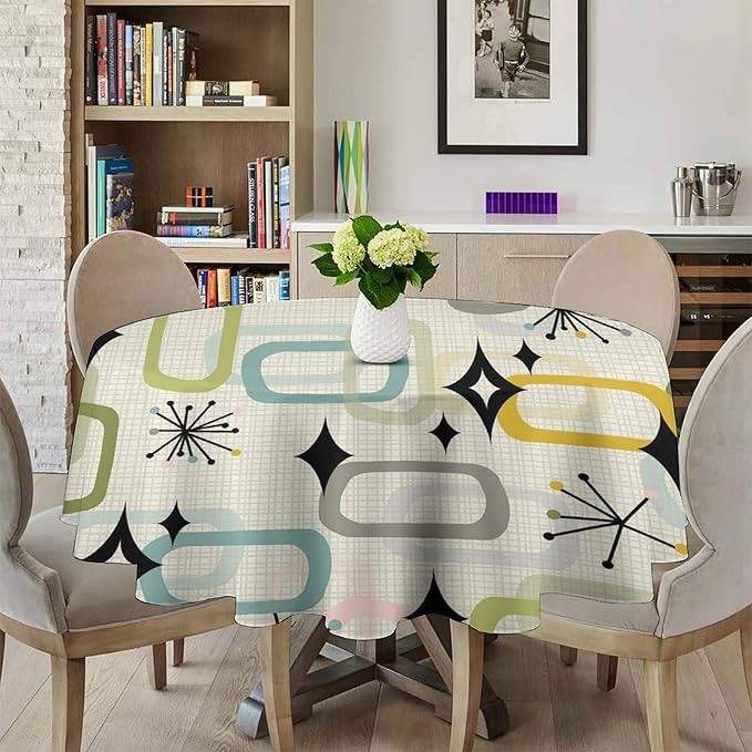 Mid Century Modern Round Tablecloth, Geometry Bohemian Retro Abstract Tablecloth for Home Party Dining Room Kitchen Decor 70Inch(178cm)