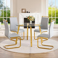 42" Round Glass Dining Table Set for 4,Modern Breakfast Table Set for 4 with Luxury Gold Chrome Legs,Space Saving Kitchen Table and Light Grey Chairs for Apartment,Easy Assembly
