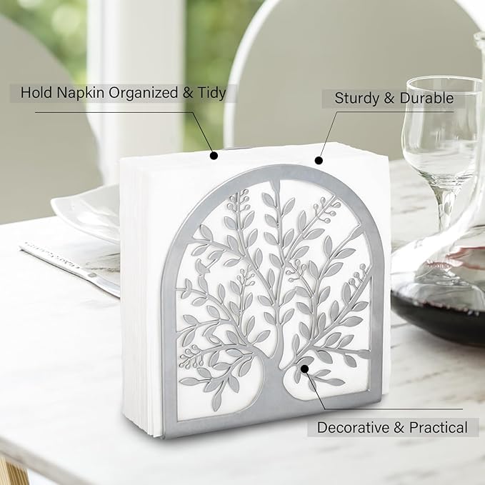Napkin Holder for Tables, Tree of Life Design Modern Metal Napkin Holder for Home Kitchen & Picnic Party, Silver Grey