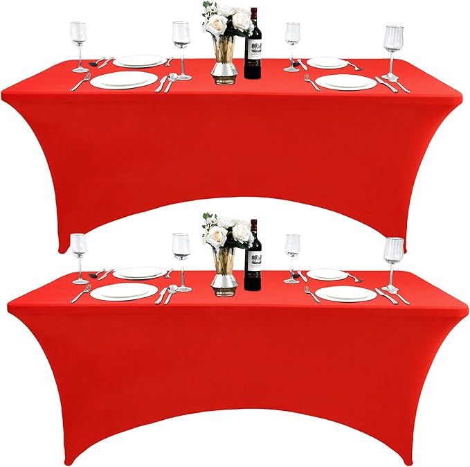2-Pack 4ft Red Spandex Table Covers for Rectangular Folding Tables - Wrinkle Resistant Stretch Tight Table Cloths - Ultimate Fitted Table Protector for Parties, Banquet, and Wedding