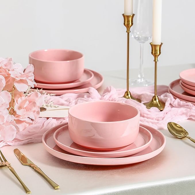 GZG Modern Art Series - 6 Pcs Speckled Stoneware Plates and Bowls Sets, Ceramic Dinnerware Set with Rustic Terracotta Underside, Microwave and Dishwasher Safe Handcrafted Dishes Set - Blush Pink