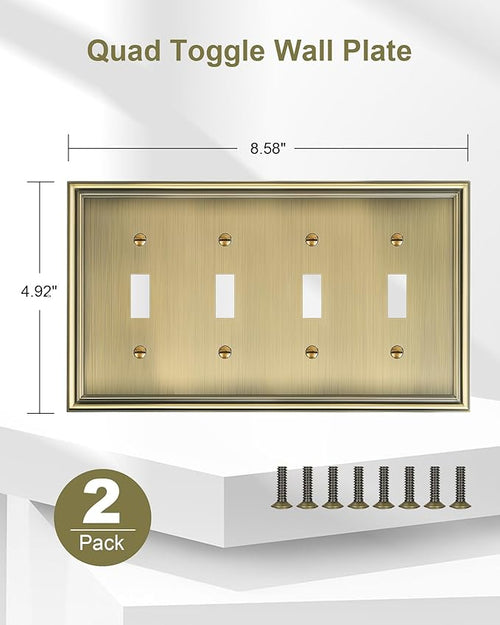 2-Pack Quad Toggle Light Switch Cover Plate, Durable Zinc Alloy Decorative Switch Plate Covers, Antique Brass 4 Gang Wall Plate for Toggle Light Switch and Rotary Dimmer Switch