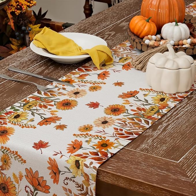 Fall Pumpkins and Sunflowers Table Runner 13x36 Inch, Maple Leaves Farmhouse - Image 4