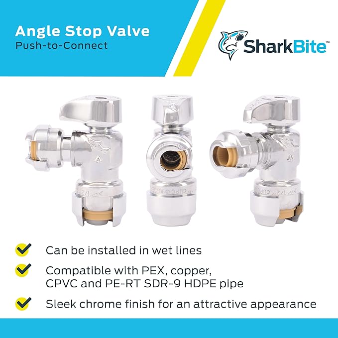 SharkBite 1/2 x 1/4 Inch (3/8 Inch OD) Compression Angle Stop Valve, Quarter Turn, Push to Connect Brass Plumbing Fitting, PEX Pipe, Copper, CPVC, PE-RT, HDPE, 23048-0000LF