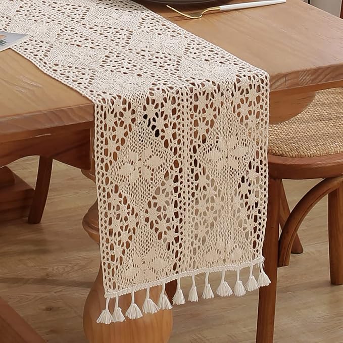 meioro Crochet Lace Table Runner, 12x64 Inch Boho Cotton Table Runners by meioro