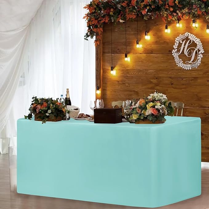 HolidayIdeas Fitted Table Covers - 96 x 30 Inch - 2 Pack Rectangle Tablecloths for 8 Foot Tables, Polyester Fabric Tablecloth for Parties, Holiday Dinner, Trade Show (Aqua)