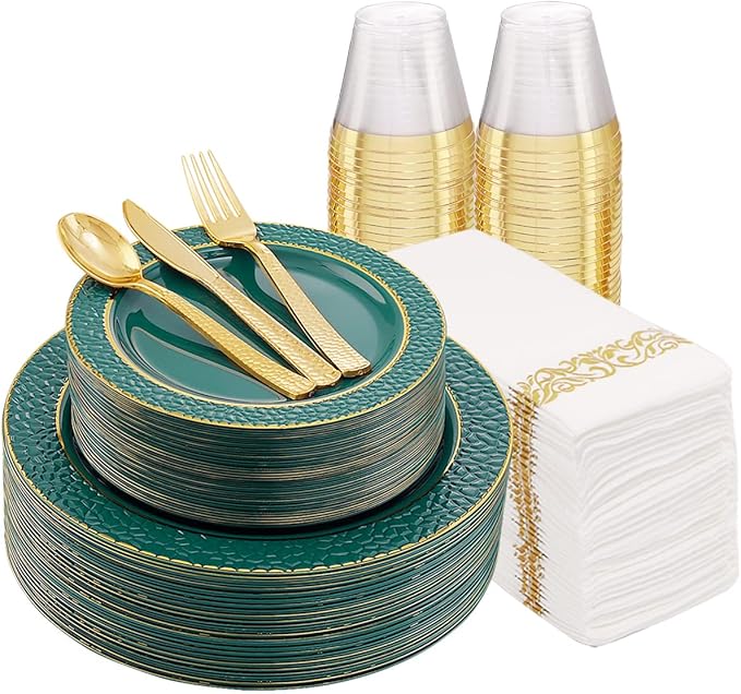 FLOWERCAT 175PCS Marrs Green Plastic Plates with Gold Rim&Christmas Plates&Green and Gold plastic Plates&Gold Plastic Silverware - Ideal for Wedding,Spring Party,St. Patrick's Day
