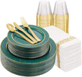 FLOWERCAT 175PCS Marrs Green Plastic Plates with Gold Rim&Christmas Plates&Green and Gold plastic Plates&Gold Plastic Silverware - Ideal for Wedding,Spring Party,St. Patrick's Day