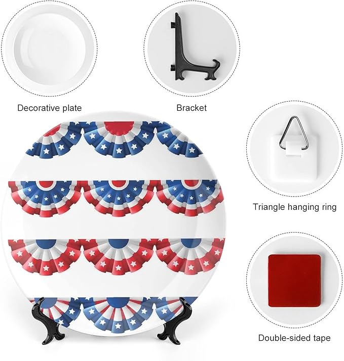 Decorative Plates, American Flag Decor Print Ornament, Flag Round Bunting Election Ornament Pattern, 10 Inch, 1 Plate with 1 Display Stand, Blue Red