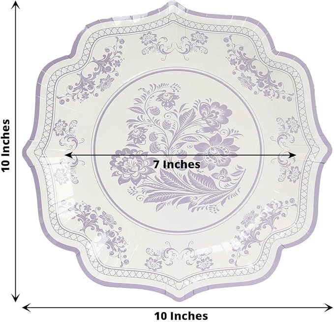 50 Pack 10" White Lavender Lilac French Toile Dinner Plates, Disposable Round Paper Party Plates 300 GSM for Festive Table Decoration