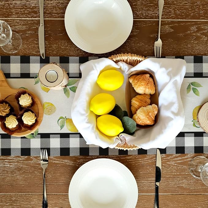 Black Buffalo Check Summer Table Runner 13 x 120 Inch, Lemon Vase Spring - Image 4