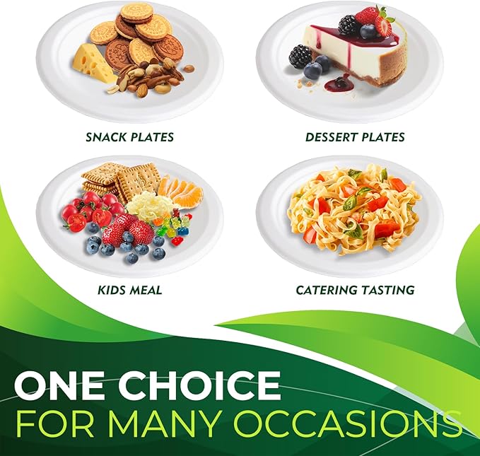200PCS (100Sets) Biodegradable Paper Plates Set, (100PCS 6" Dessert Plates and 100PCS Forks/Sporks), Compostable Appetize Plate, Disposable Cake Plate, Perfect for Birthday Party