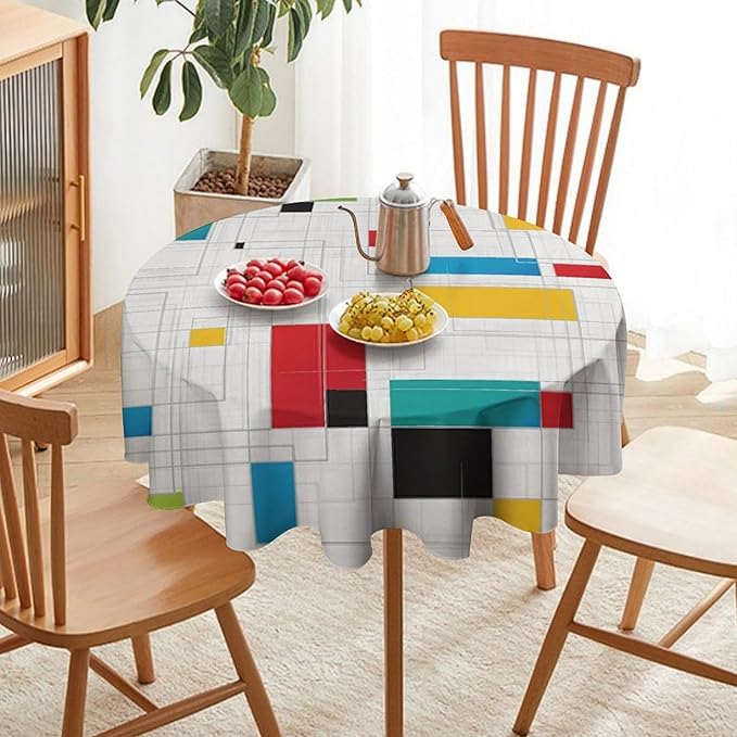 Mid Century Round Tablecloth, Abstract Geometric Mid Century Retro 50S 60S Tablecloth for Home Party Dining Room Kitchen Decor 70Inch(178cm)