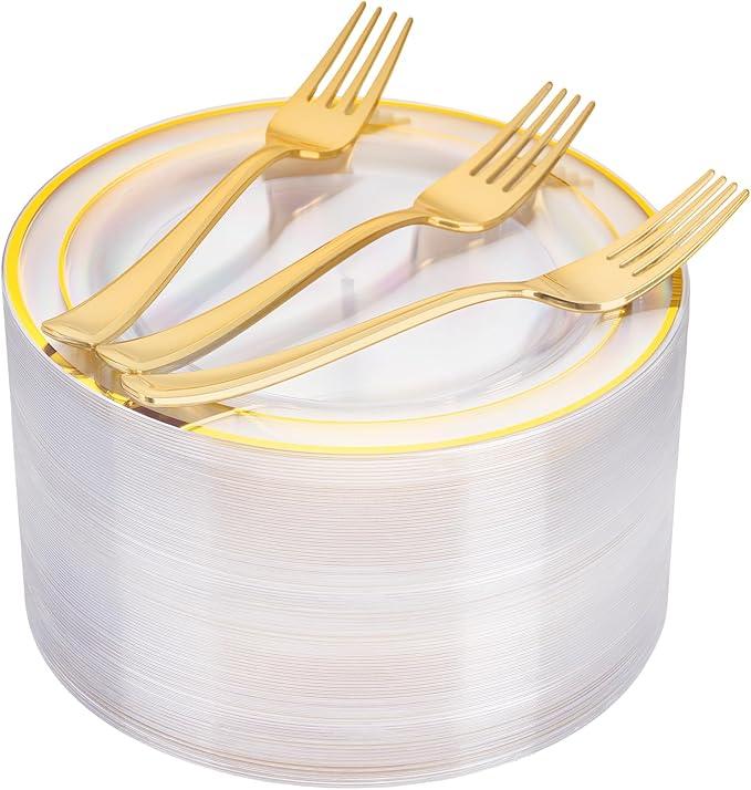 I00000 72 Pcs Clear Plastic Dessert Plates 7.5" & 72 Pcs Gold Disposable Forks 7.4", Clear Small Plates,Nice Dessert Plates,Fancy Salad Plate,Gold Cake Plate for Party, Occasions, Wedding