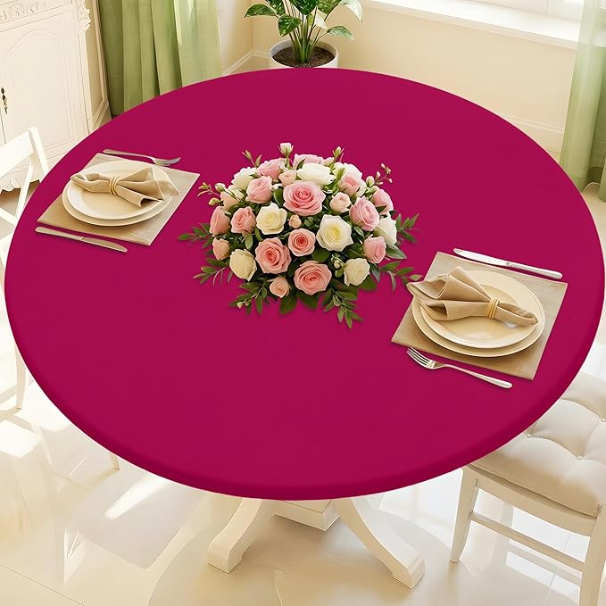 Round Spandex Tablecloth, Elastic Fitted Waterproof Tablecloths for 45"-56" Tables, Stretch Washable Picnic Table Cover for Camping, Dining, Indoor and Outdoor, Fuchsia