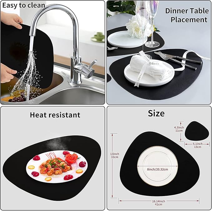 Black Placemats Set of 2, Faux Leather Placemats, Valentines Day Table Mats Set of 2, Wipeable Washable Placemat for Round Table, Mats for Kitchen Dining Patio Heat Resist Easy to Clean