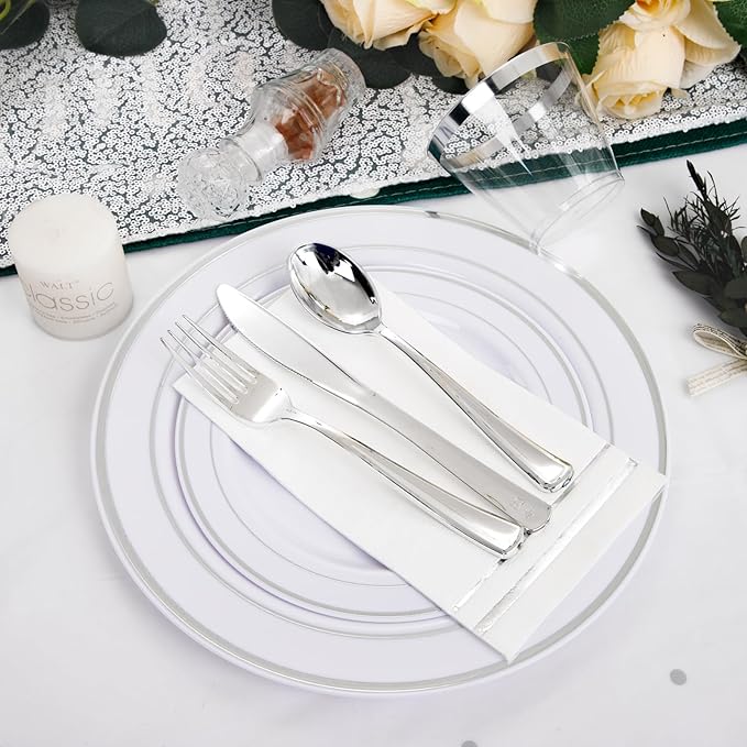 GATHER 176 Pieces Silver Plates - Disposable Silver Plastic Plates Includes 50 Plates, 75 Silverware, 25 Napkins, 25 Silver Rimmed Cups and 1 Tablecloth Perfect for Party & Weding