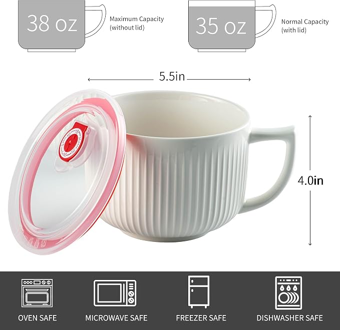Ceramic Soup Bowl with Handle & Lid, Jumbo 38oz Microwave Ramen Bowl White | - Image 3