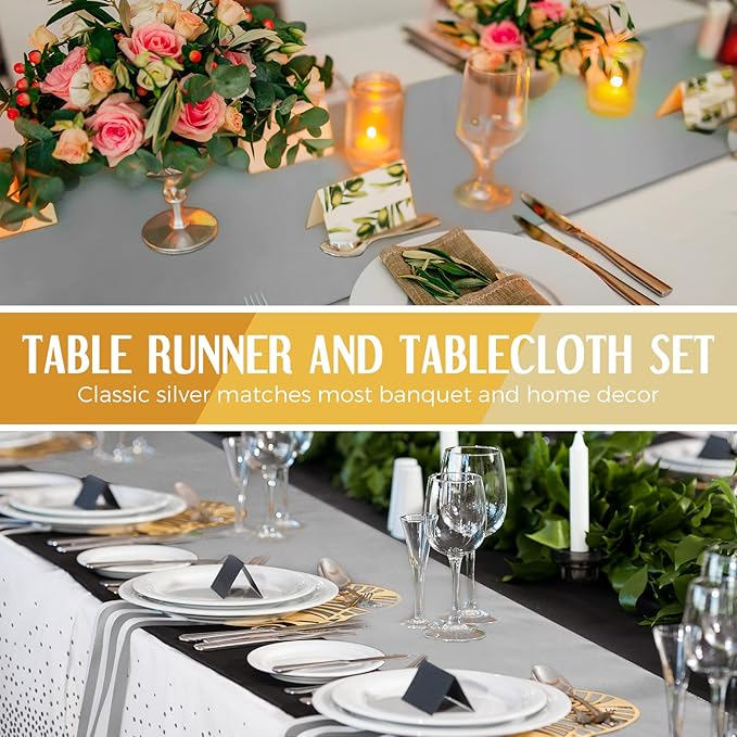 Breling 24 Packs White and Silver Disposable Plastic Tablecloths and Satin Table Runner Set, 54 x 108 Inch Tablecloth, 12 x 108 Inch Table Runners for Wedding Graduation Birthday Baby Shower