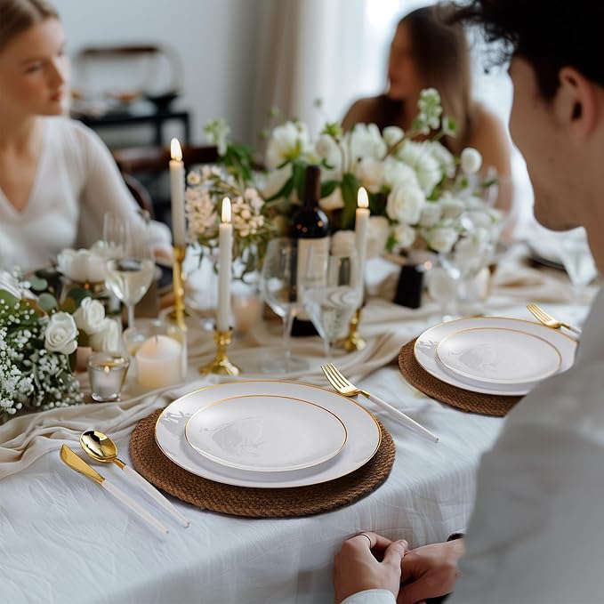100 PCS Gold and White Plastic Plates, 10 inch White Disposable Plates for Party, Plastic Dinner Plates for Party, Graduation, Birthday, Wedding