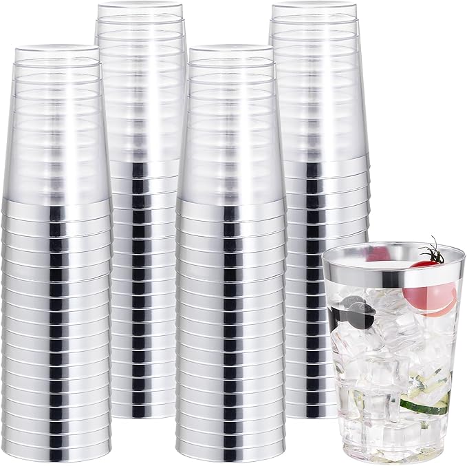 I00000 50 Pack 12 oz Silver Plastic Cups, Silver Rimmed Disposable Cups, Party Wine Glasses Disposable Cocktail Glasses Heavy Duty Cups with Silver Rim, 12 Ounce Plastic Tumblers For Party