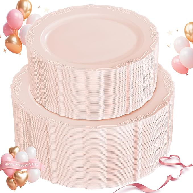 U-QE 100PCS Mauve Pink Plastic Plates for Party - Plastic Party Plates Disposable Heavy Duty - Pink Valentines Plates for Valentine's Day Including 50PCS 10.25'' Dinner Plates&50PCS 7.5'' Pink Plates