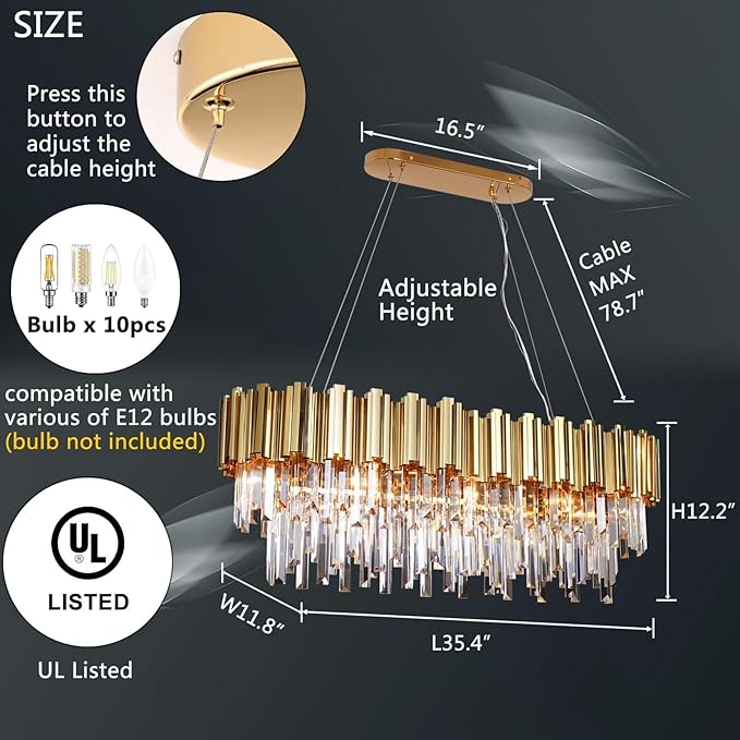 L35.4 Linear Crystal Chandelier Modern Luxury Gold Rectangle Chandeliers for Dining Room Contemporary Oval Raindrop Pendant Ceiling Light Fixture for Kitchen Island Entryway 10 Lights
