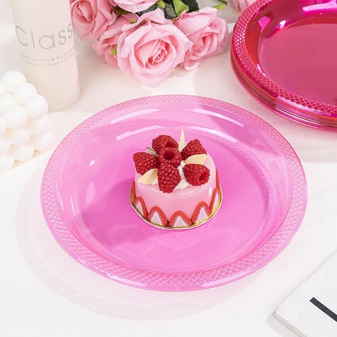 WELLIFE Neon Pink Party Plates 7 Inch -150 Count, Translucent Pink Plastic Disposable Dessert Plates for Fluorescent Neon Theme Party Salad Appetizers Valentine's Day Easter Baby Shower Mother's Day