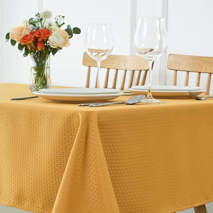 maxmill Weaved Texture Rectangle Tablecloth Water Resistant Wrinkle Free Spill-Proof, Soft Table Cloth for Dining Room Decoration, Banquet Parties Event Holiday Dinner, 60 x 84 Inch Ochre Yellow