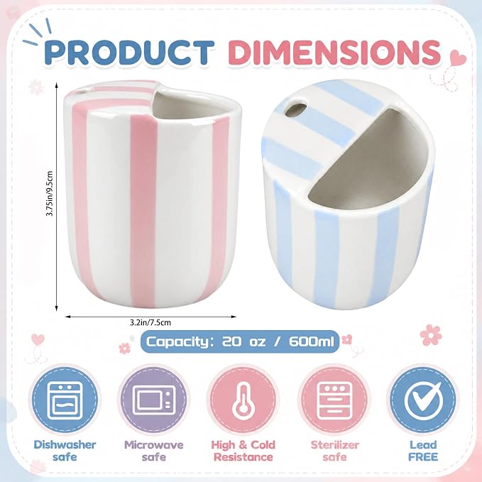 2 Pcs Ceramic Mug with Sip Hole 10 oz Novelty Pink Light Blue Striped Coffee - Image 2