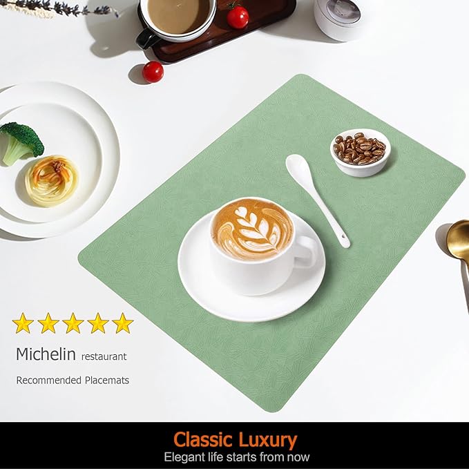 Vinyl Placemats Set of 4 Faux Leather 100% Waterproof Wipeable Washable Place Mats Heat Resistant Easy Clean Non-Slip Table Mats for Indoor Outdoor. (4, Green)