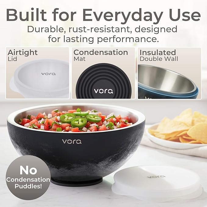 Vora 70oz Dip Chiller Bowl with Lid | Black Stainless Steel Chilled Dip Bowl for Dips, Guacamole, Hummus, Salsa | Insulated Serving Dishes with Easiest Water Fill & Refillable Chamber