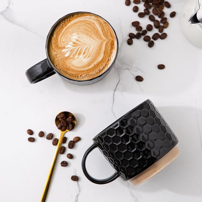 GBhome 12 OZ Stackable Coffee Mugs Set of 4, Ceramic Black Coffee Cups Set | 4 - Image 3