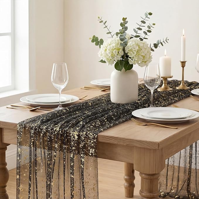 Artoid Mode Black Gold Gauze Table Runner 59x120 Inch 10FT, Glitter Metallic Foil Sheer Dining Wedding Anniversary Holiday Birthday Table Decor for Home Party