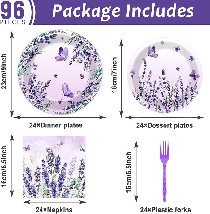 96Pcs Purple Party Supplies Lavender Paper Plates Napkins Summer Decoration | - Image 2