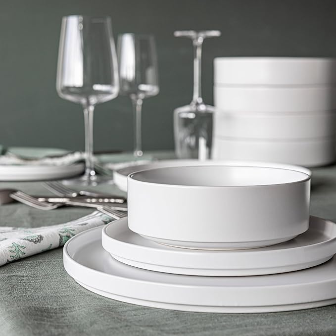 over&back Stackable Cereal Bowl Set - Stoneware Dishes - Comes with 4 Cereal Bowls - Easy-to-Stack Breakfast Place Settings - 6.2" x 6.2" x 2.2" - 25oz - Semi-Matte White