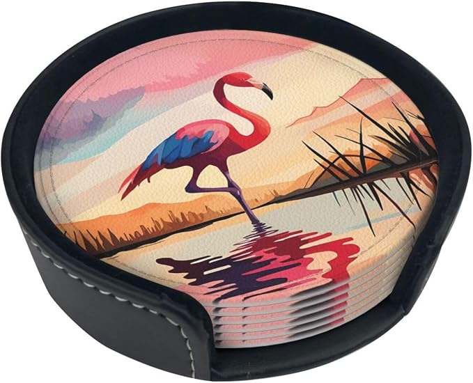 6 Pcs Pink Cute Flamingo Modern Art Boho Leather Coasters - Image 5