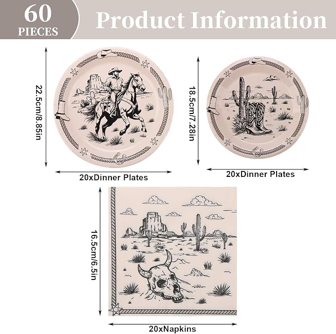 60PCS Cowboy Paper Plates and Napkins Party Supplies Serve 20 | Western Rodeo - Image 2