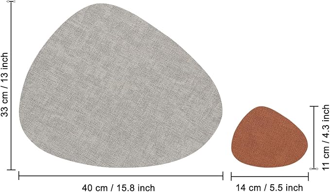 Placemats and Coasters, Washable Placemats Round Faux Leather Wipeable Place Mats Non Slip Heat Resistant Indoor Outdoor Table Mats (Set of 6, Light Gray Reddish Brown)