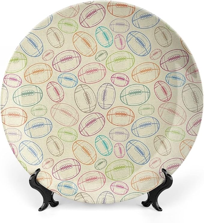 Ceramic Display Plate, American Football Ceramic Hanging Decorative Plate, Grunge Looking Hand Drawn Sports Sketch, 8 Inch, Household Custom Ceramic Plate, Multicolor